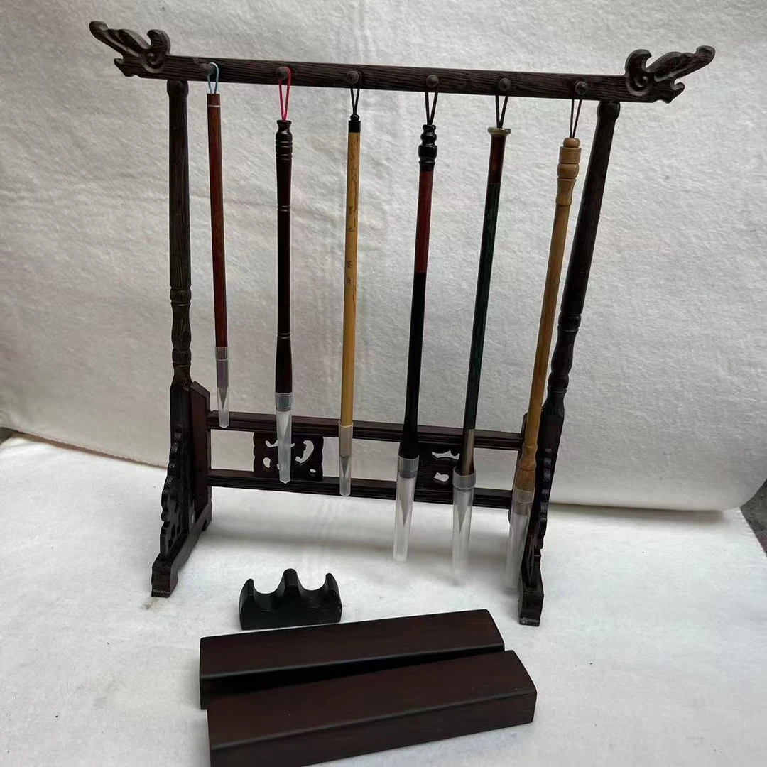 龙头十二针复古龙鸡翅实木塑钢毛笔挂架简约书房摆件一套镇尺笔搁