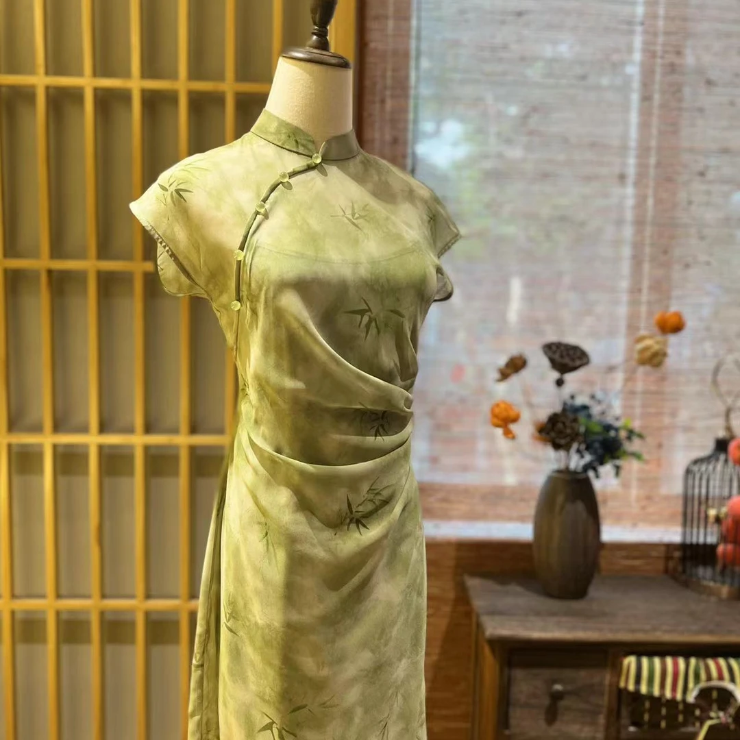 戚薇原创【倚竹佳人】长118乔其纱两件套春夏旗袍气质复古连衣裙