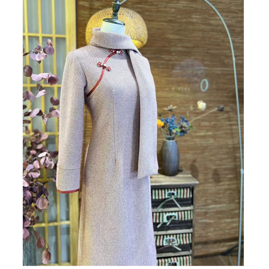 戚薇原创【暖香玉】长115秋冬新款旗袍气质优雅复古国风连衣裙