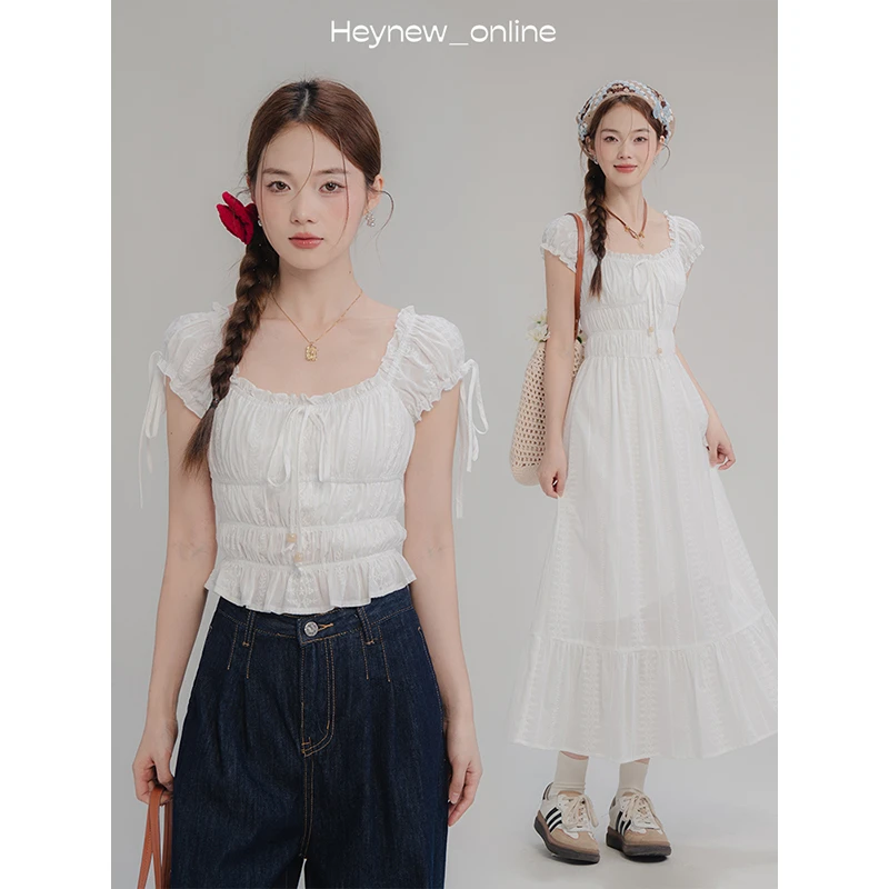 【现货甩甩甩】白色法式木耳边系带方领衬衫连衣裙-4X332