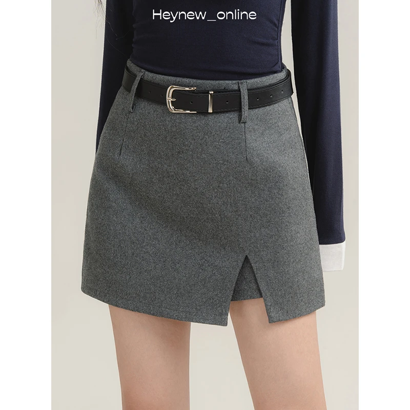 【下单有腰带！】毛呢小开叉半裙-4Q727