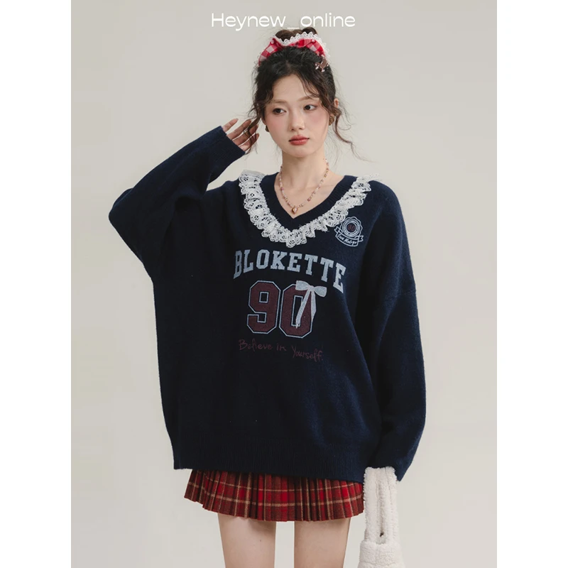 【衣长65！！】蕾丝边V领蝴蝶结毛衣-4D166