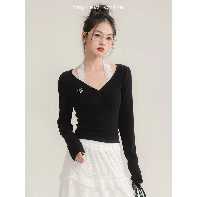 【年底宠粉福利】黑色假两件蕾丝挂脖长袖针织衫女2024秋季-4Q801