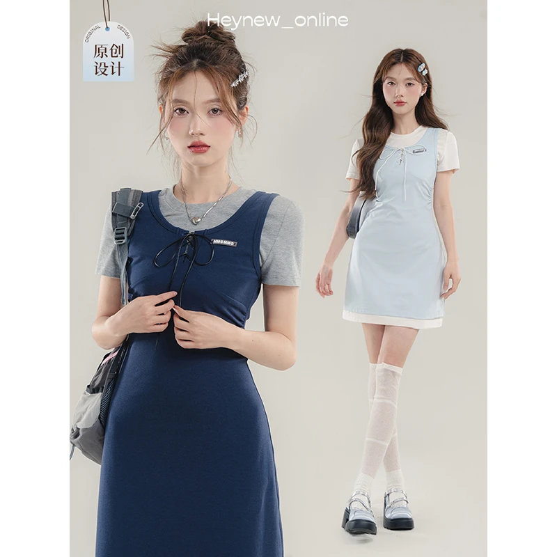 【佳佳宠粉福利】长短款撞色假两件系带a字连衣裙-4X834