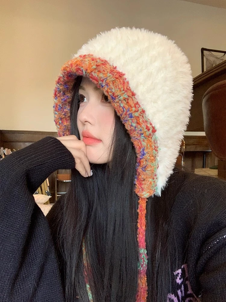 韩系毛绒针织帽子女秋冬保暖加厚流苏毛线帽大头围超百搭护耳帽子