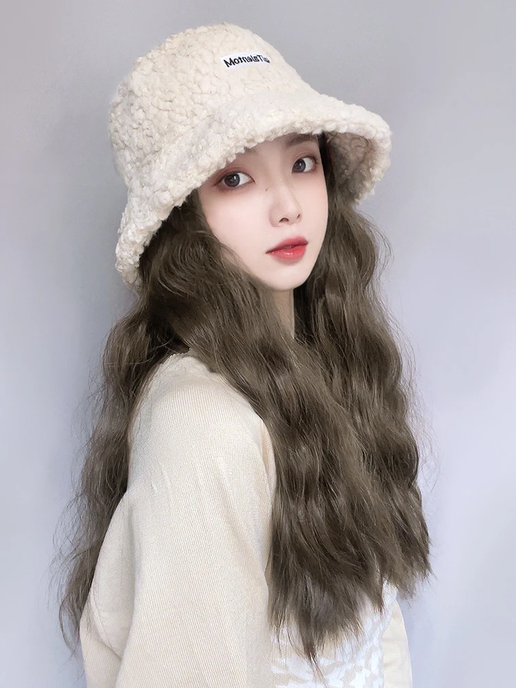 网红帽子假发一体时尚春夏季帽羊羔毛渔夫帽水波纹韩版百搭假发帽