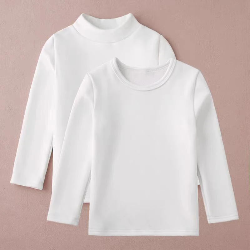 加绒儿童打底衫秋冬男女童圆领长袖白色t恤内搭半高领加厚保暖衣