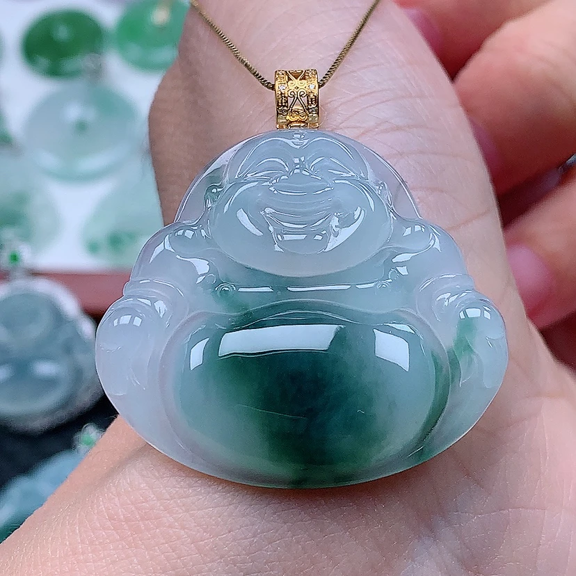 百千翡翠-18k金镶嵌冰润飘花大佛公（尺寸34*38*7）