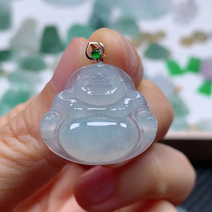 百千翡翠-18k金镶嵌冰种佛公吊坠（尺寸21.6*24.3*5.3）