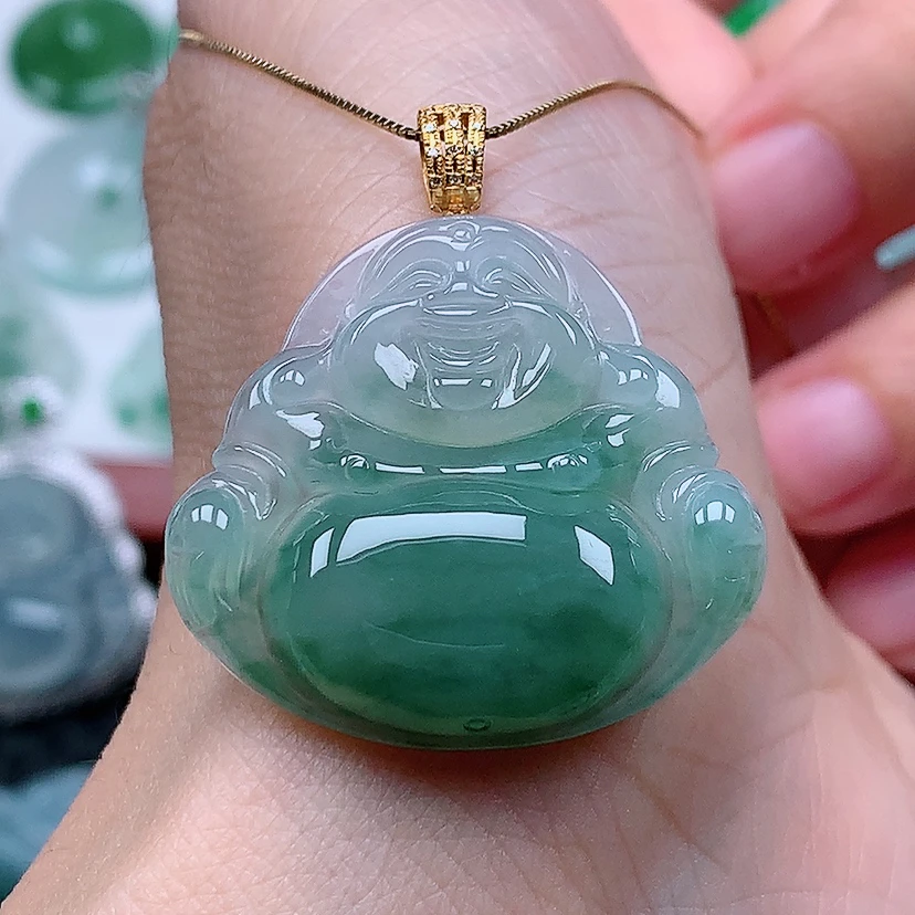 百千翡翠-18k金镶嵌冰润半山水佛公吊坠（尺寸28.9*31.3*6.2）