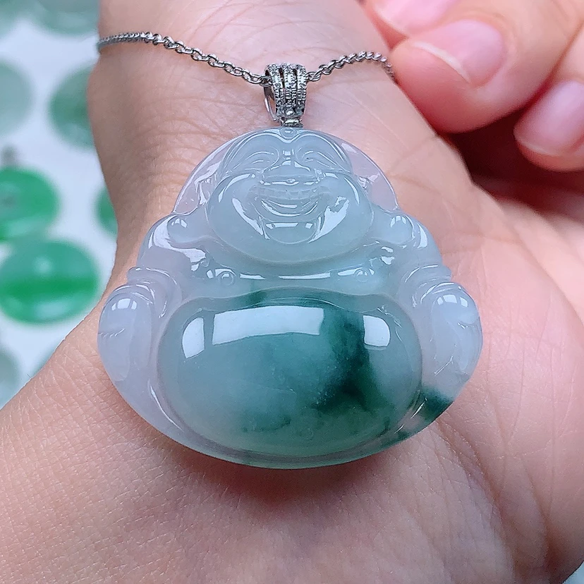 百千翡翠-18k金镶嵌冰润飘花一刀切佛公吊坠（尺寸31.7*34*6.4）