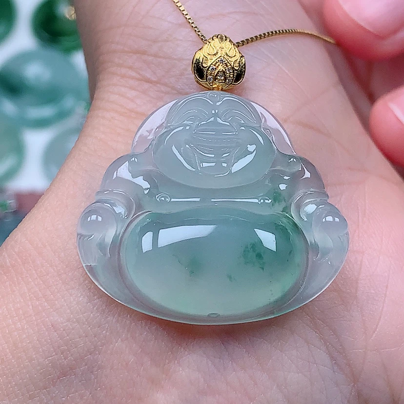 百千翡翠-18k金镶嵌冰种飘花佛公吊坠（尺寸27.2*31*6.1）