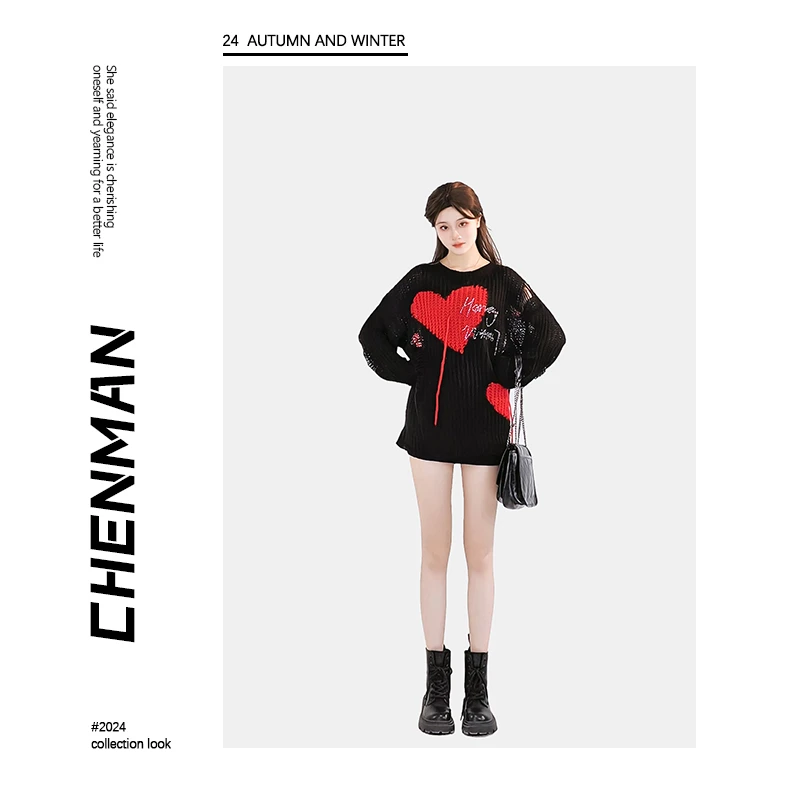 CHENMAN慵懒风宽松破洞毛衣爱心镂空圆领套头针织衫女