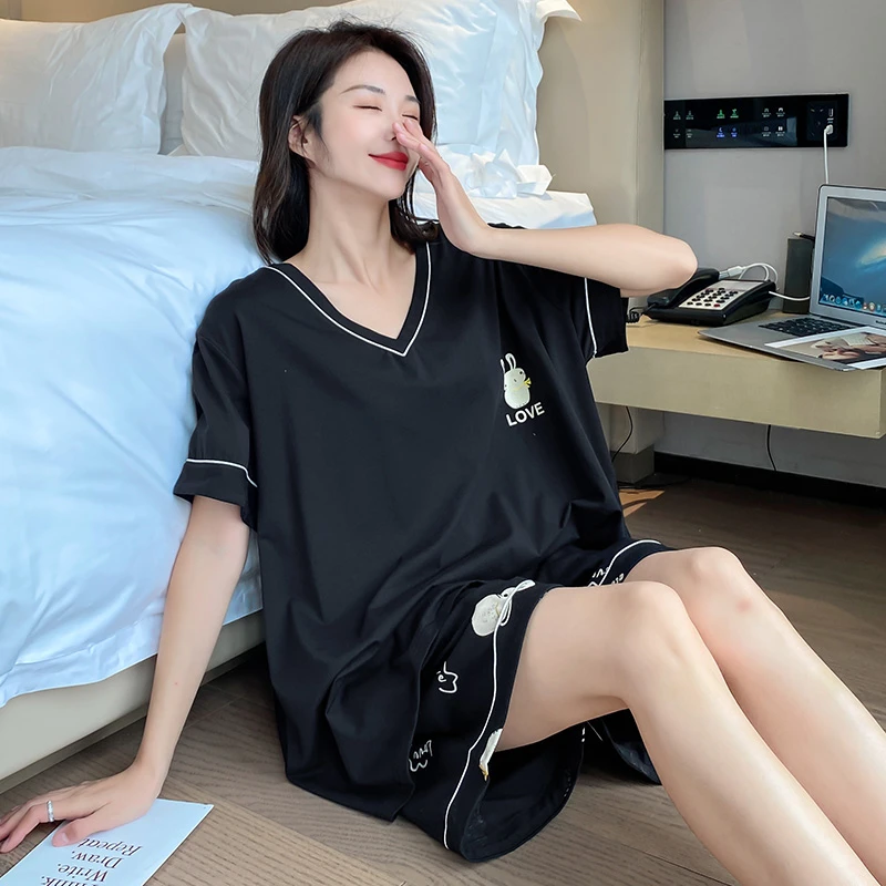 夏季纯棉大码睡衣女200斤胖mm宽松V领短袖短裤家居服套装加肥加大