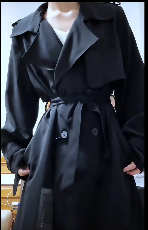 【小夜曲】韩系黑色收腰系带翻领外套女通勤气质长款风衣高级感大衣