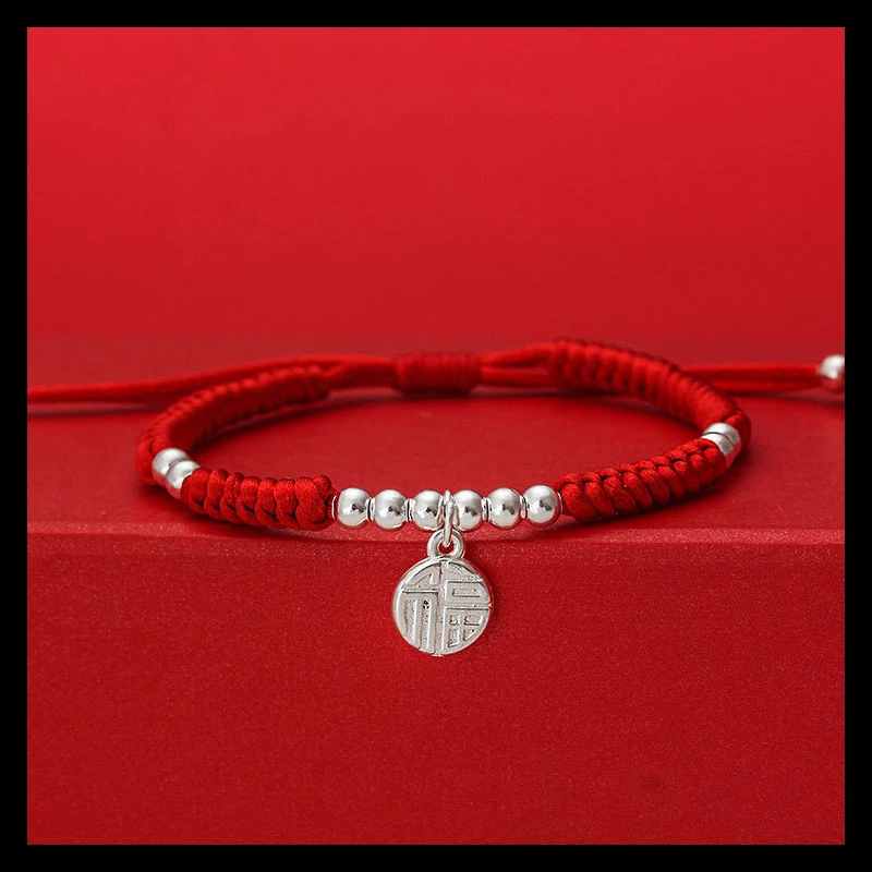 足银手链 999纯银手链福字本命工金刚结编织红绳新年氛围送女友