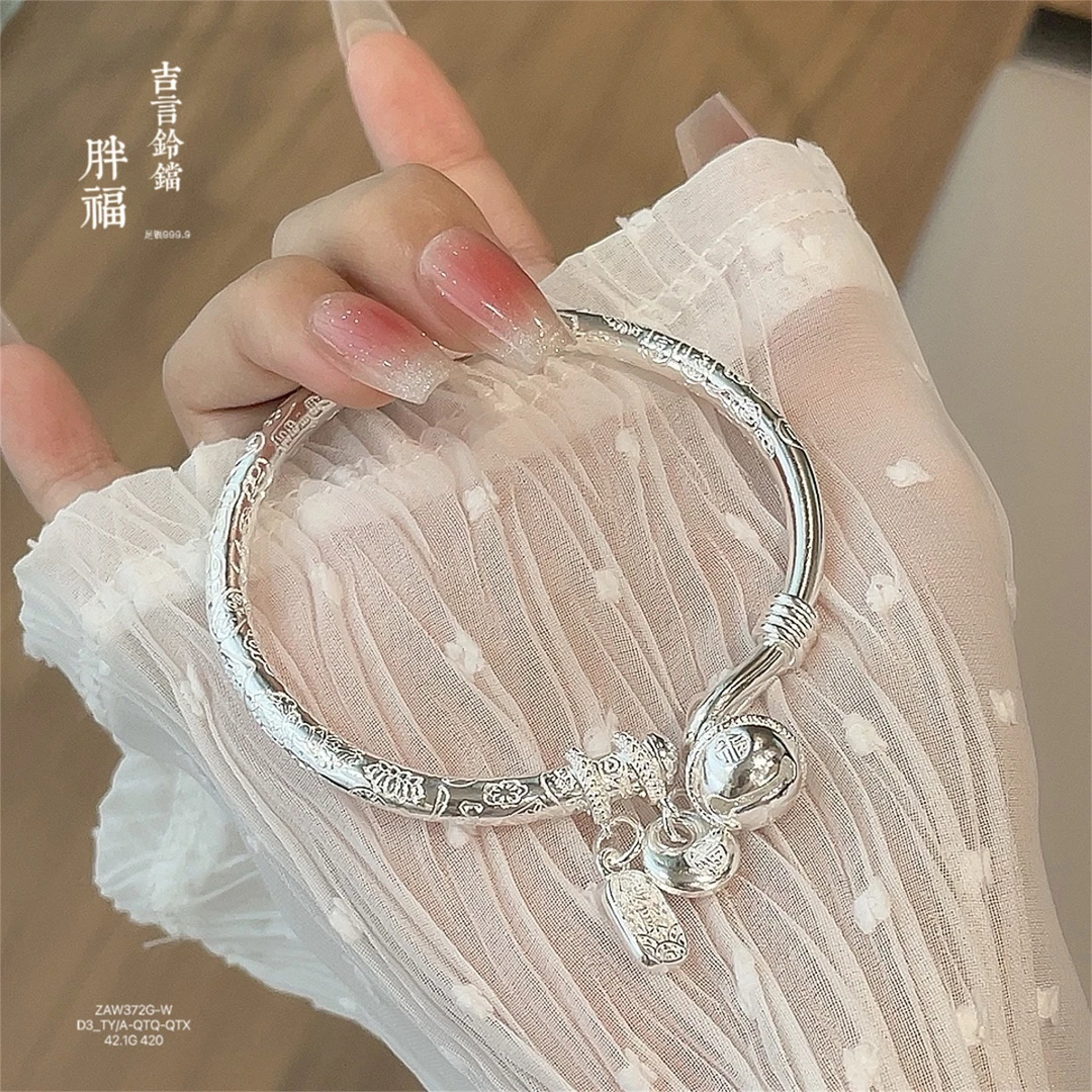 足银手镯 足银999.9圆棍吉言铃铛小胖福实心开口女款手镯气质古风
