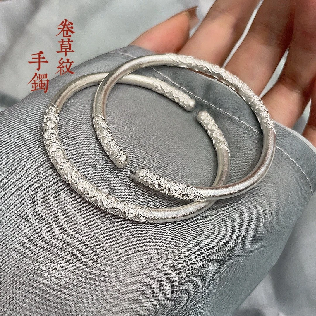 足银手镯 足银999.9古法描金开口实心卷草纹圆棍手镯简约气质百搭