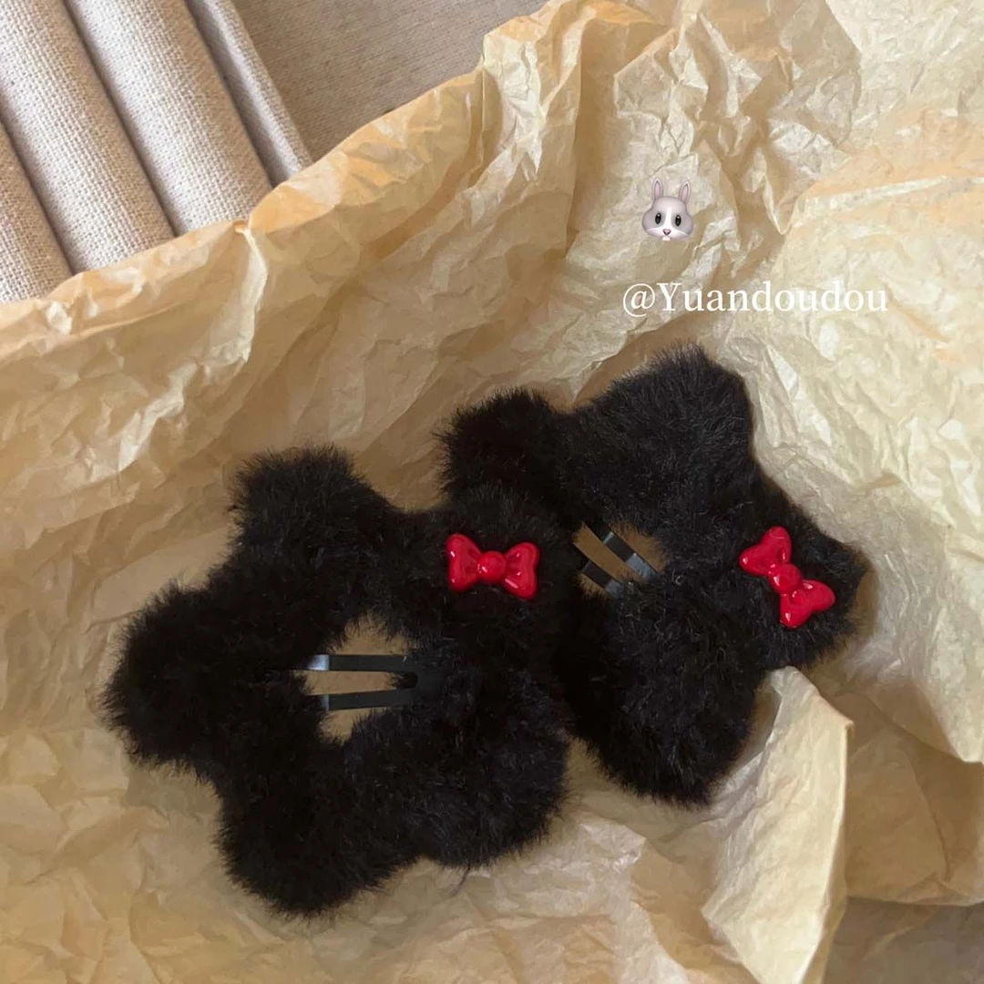 日韩复古红色蝴蝶结毛绒绒星星掰掰夹小众可爱甜酷少女边夹新款