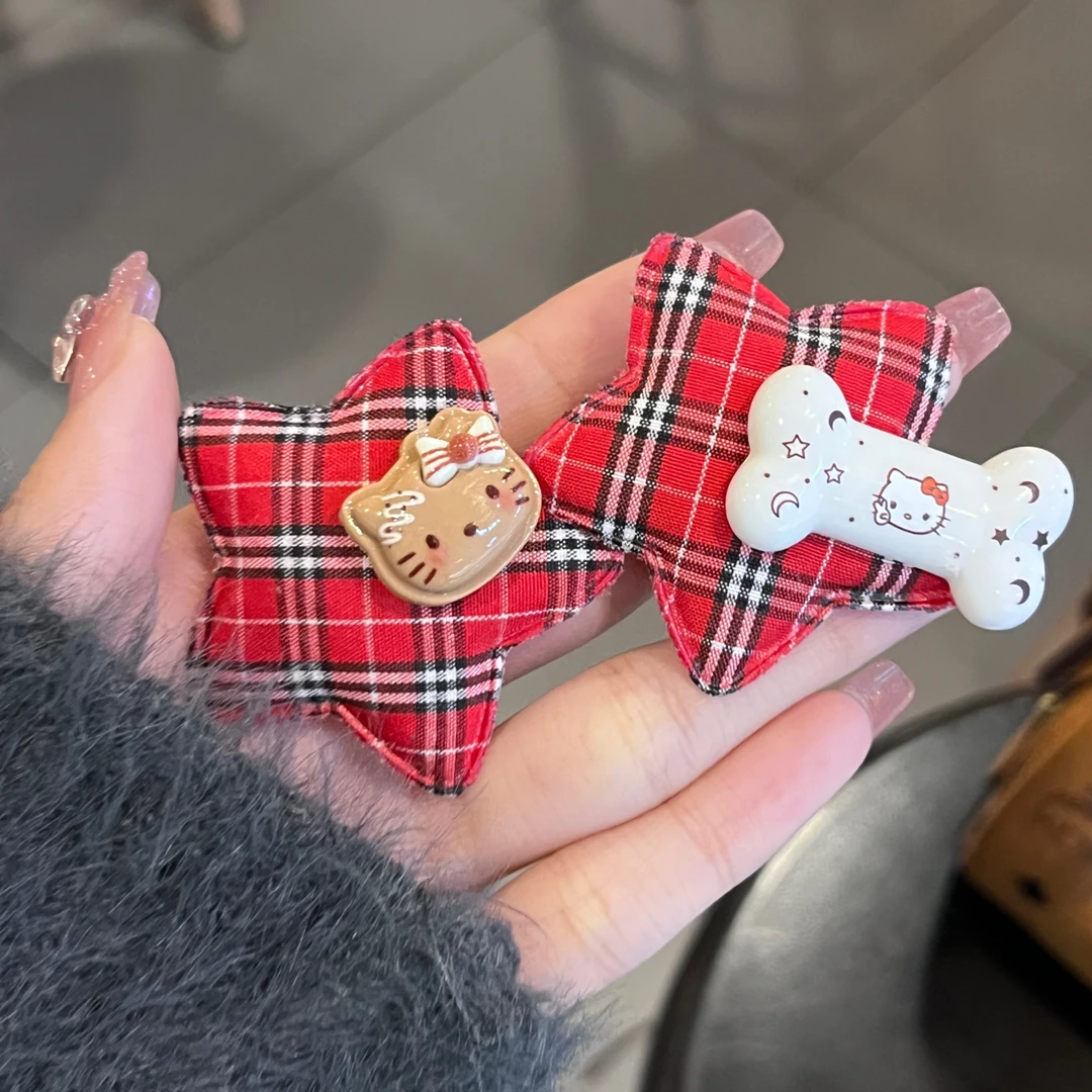 原创手作辣妹黑粉格子星星kitty猫骨头可爱发夹侧边刘海夹Y2K发饰