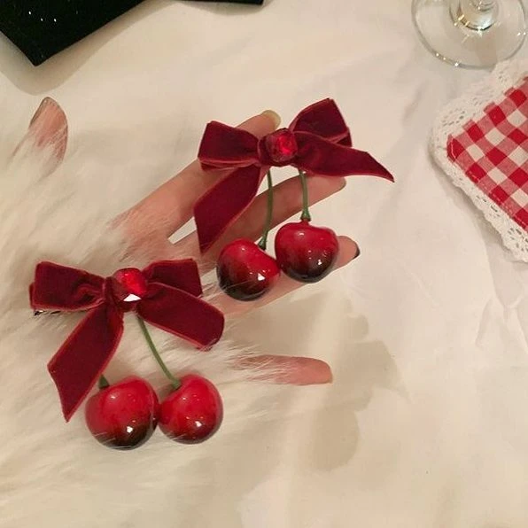 冬日氛围感  樱桃红色蝴蝶结丝绒发夹女后脑勺半扎发夹子头饰发饰