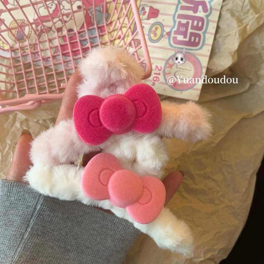 可爱粉色kitty蝴蝶结毛绒抓夹鲨鱼夹百搭卡通kt猫发饰甜美头饰