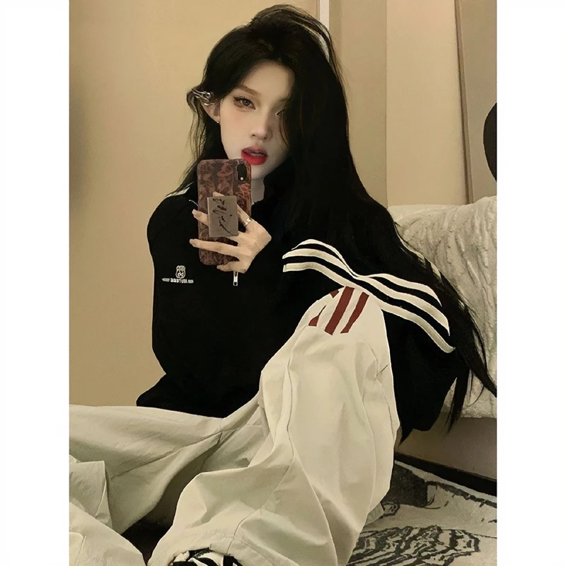 美式超火加绒立领POLO衫卫衣女oversize潮牌宽松慵懒风上衣外套