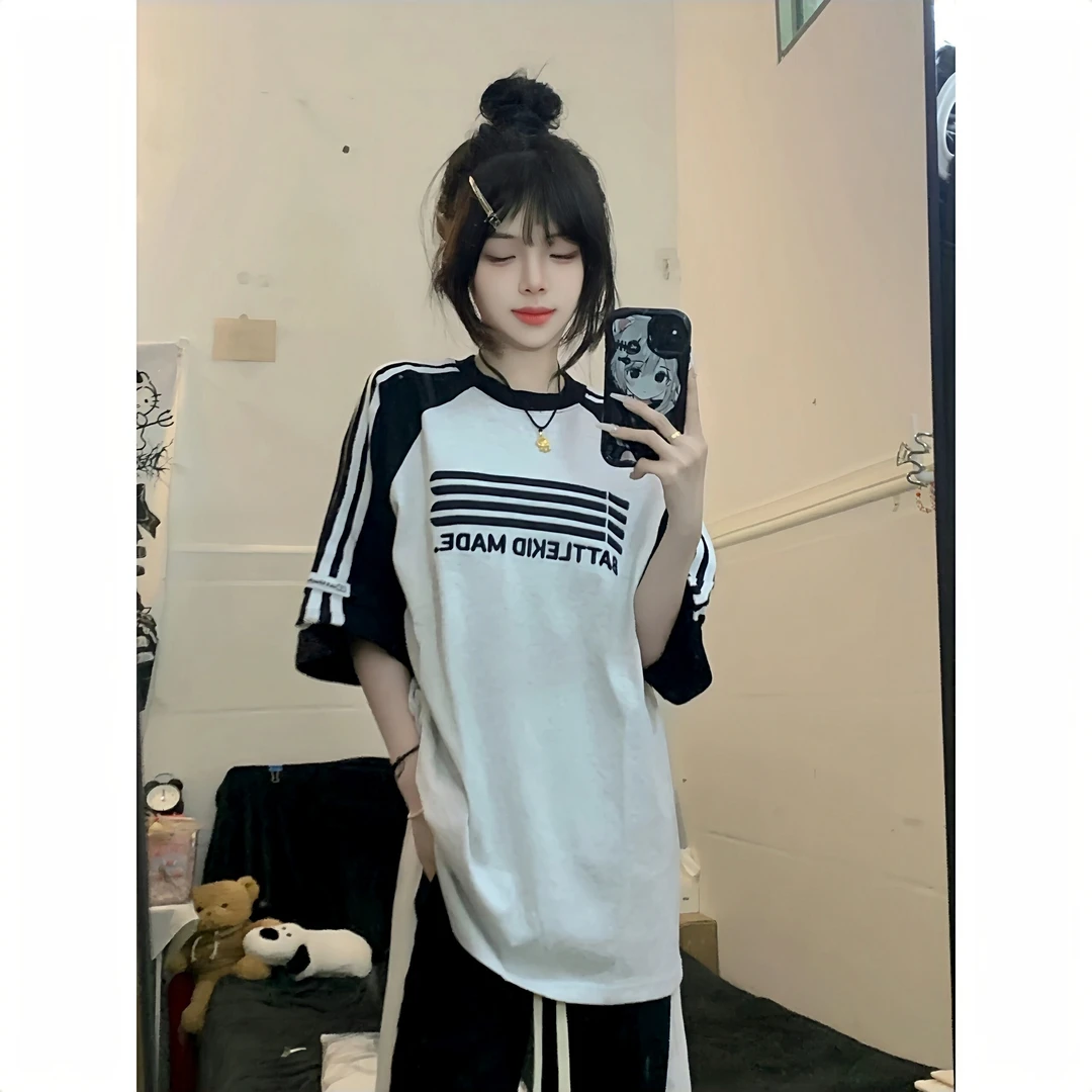 美式复古新款夏季拼接条纹t恤女韩版休闲插肩袖ins小众设计感显瘦