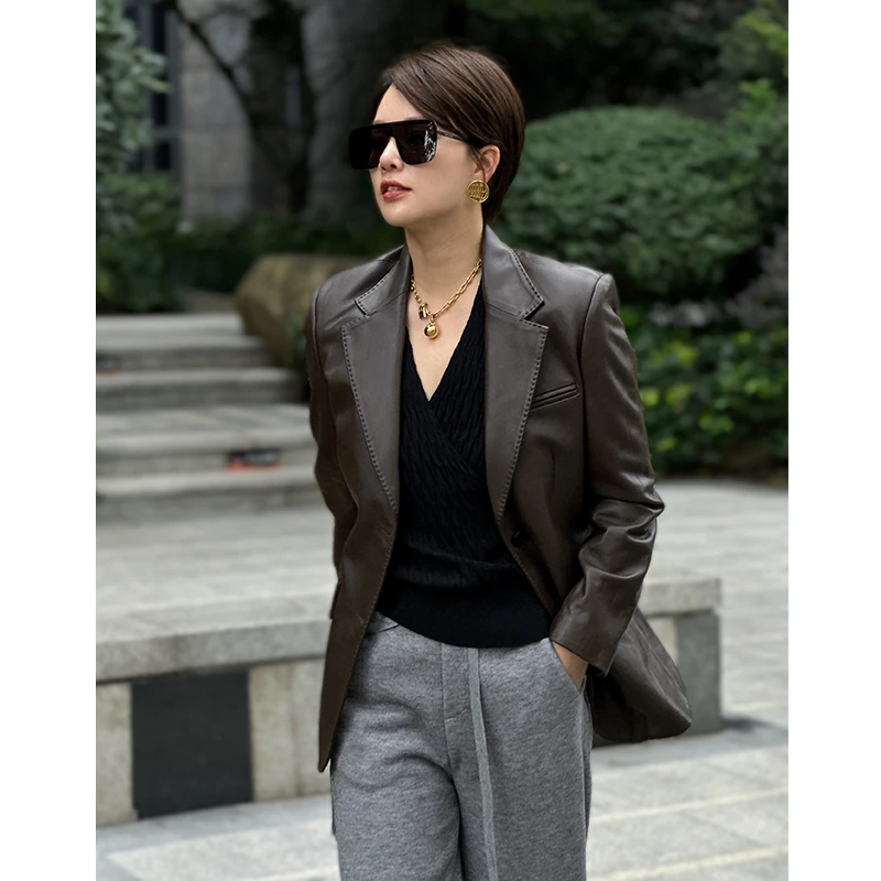 《爱马仕皮衣》JIN新款312经典气质西装翻领皮衣外套女装上衣女