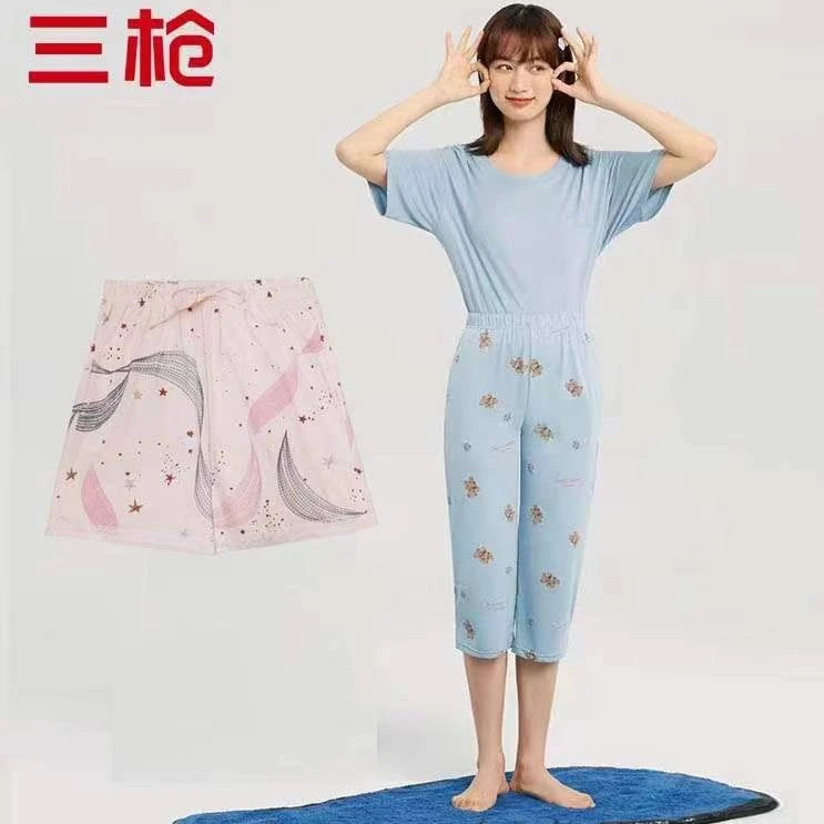 三枪-【纯棉睡裤】水柔棉女家居短裤中裤宽松透气印花家居外穿薄款