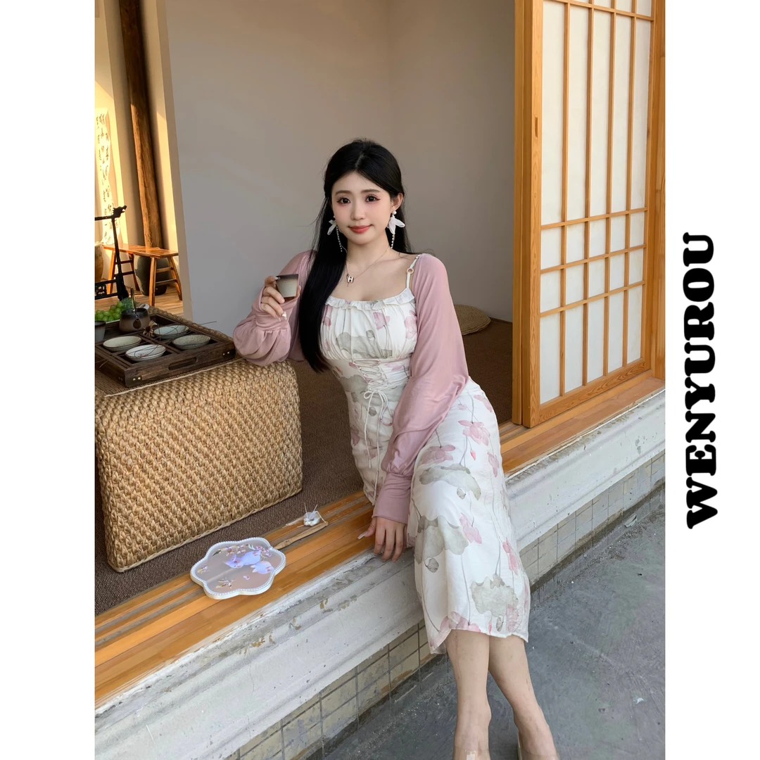 XQ600075【 幽荷】新中式连衣裙甜美温柔风夏季吊带套装微胖