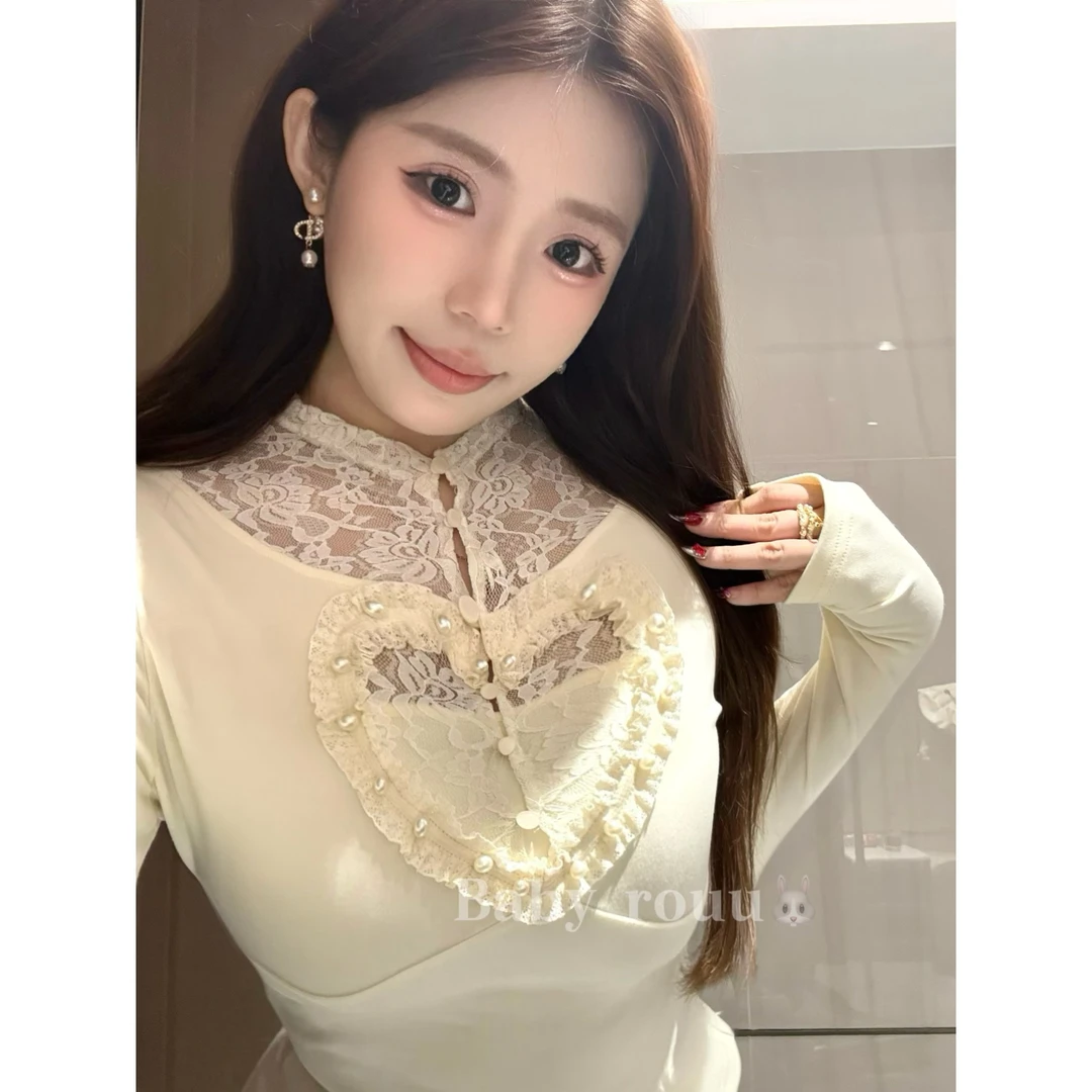 baby rouu【玉壶冰心】温与柔甜辣妹爱心蕾丝镂空设计感冬季打底衫