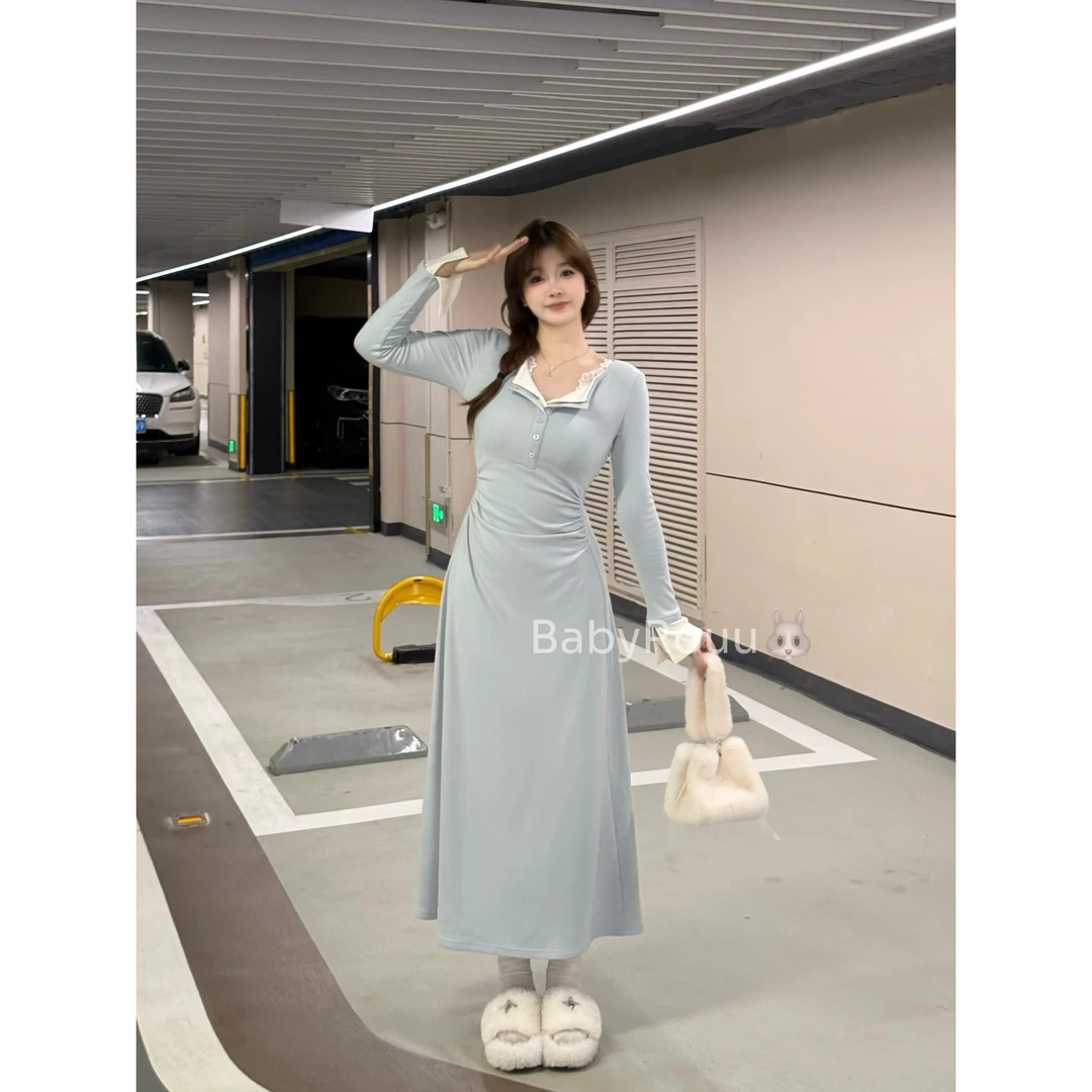 baby rouu【云端告白】温与柔亨利翻领假两件蕾丝花边连衣裙