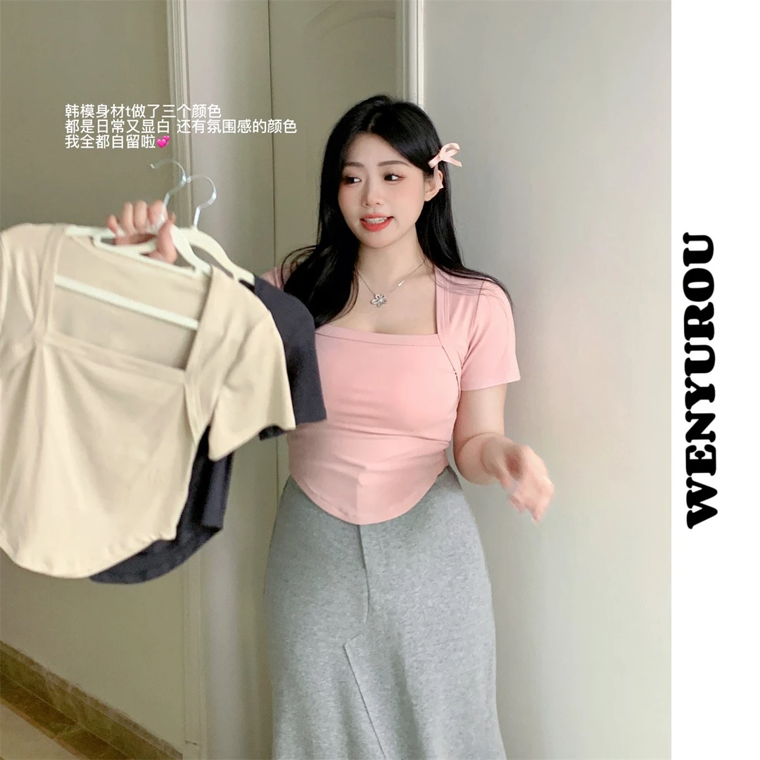 【现货】温与柔【韩模身材T-94%棉】显白短袖夏季短款小众套装