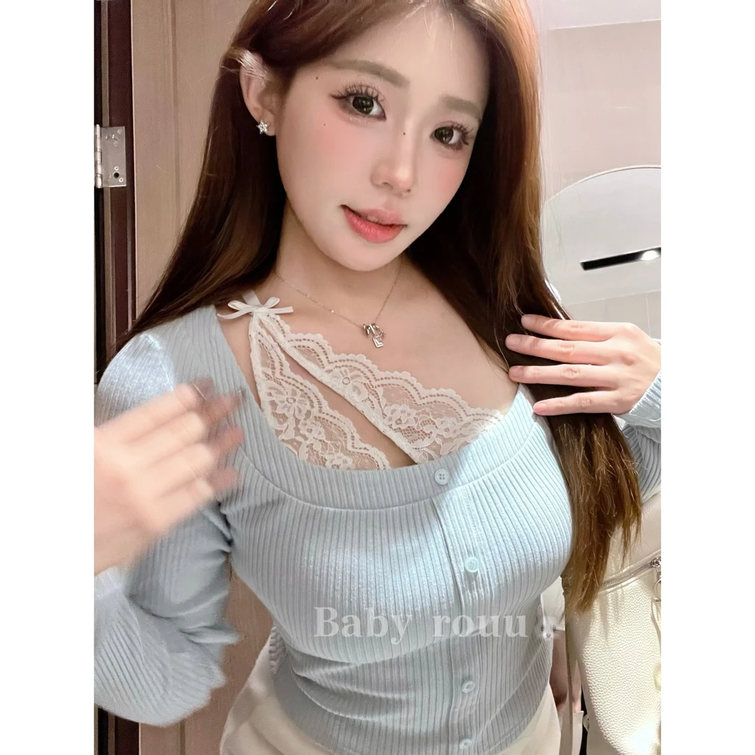 baby rouu【现货】【浪漫睫毛】温与柔洋气设计感蕾丝拼接显瘦长袖