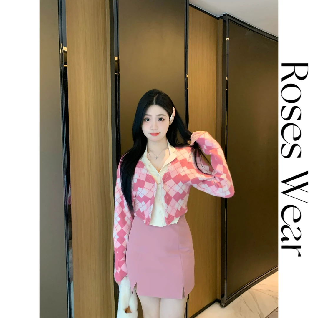 温与柔【美羊羊】桃粉色调气质活泼显瘦套装针织衫时尚高腰秋季