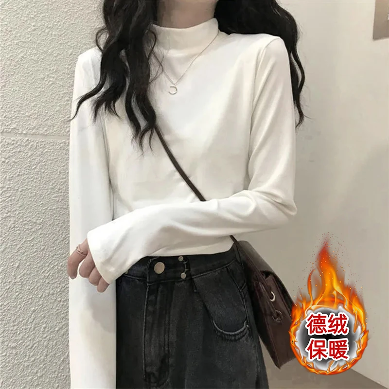 长袖半高领德绒文艺日常内搭纯色打底衫秋冬季新款上衣保暖T恤女
