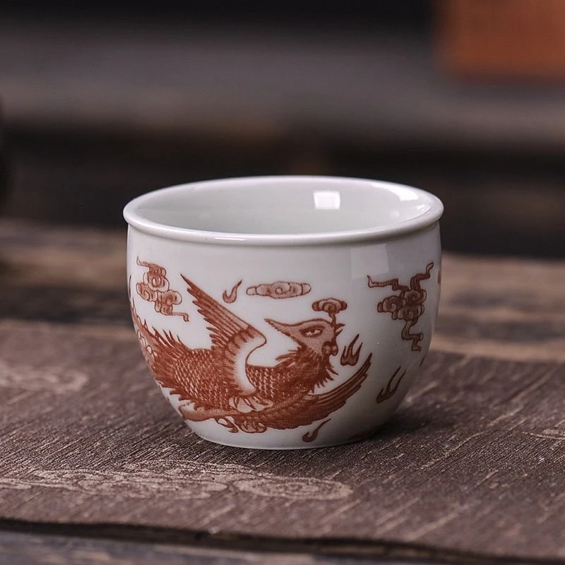 釉里红凤陶瓷主人杯【无礼盒】手绘蝶恋花复古柴窑珐琅彩茶杯描金杯