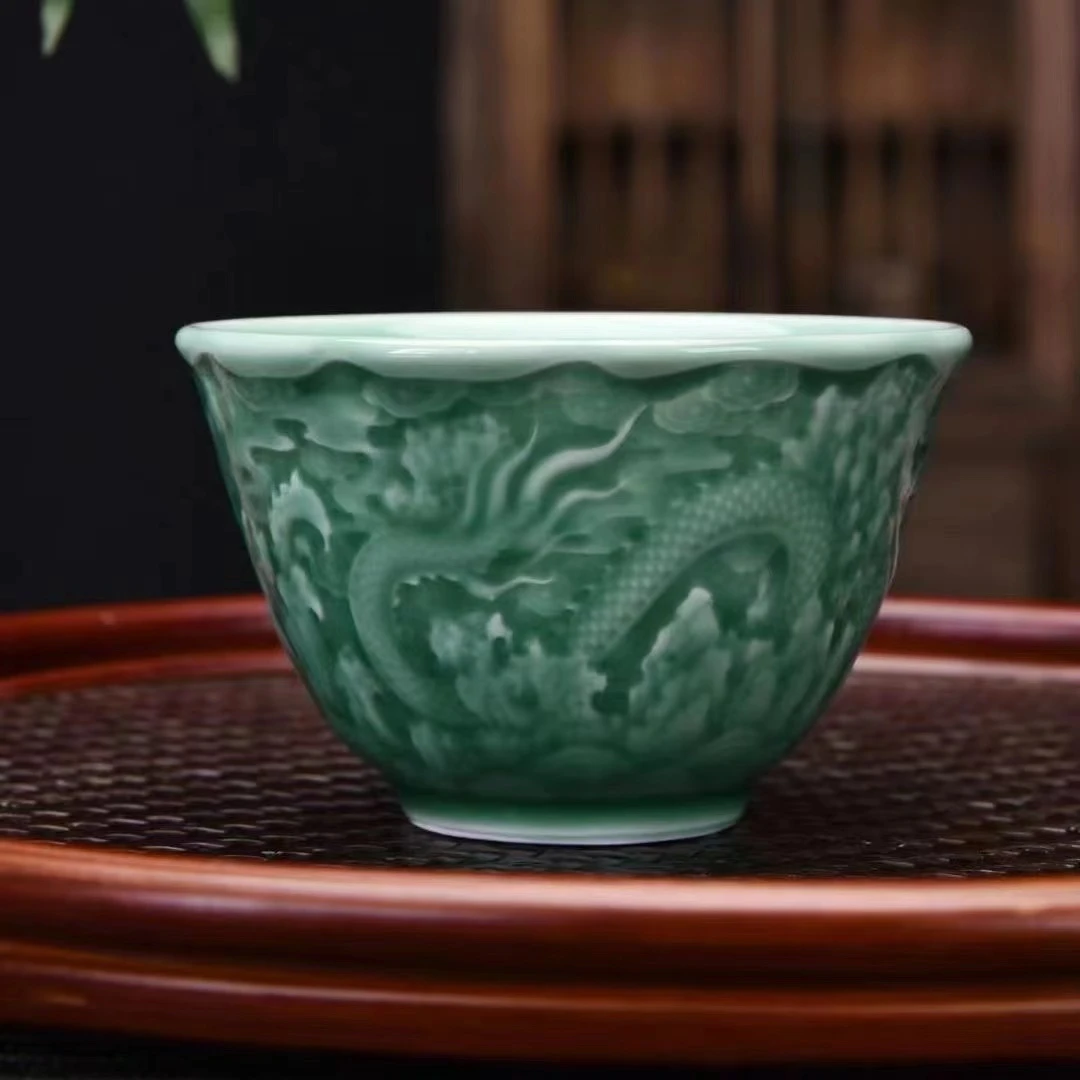 浮雕青龙陶瓷主人杯【无礼盒】手工手绘花纹男款大品茗杯柴窑釉下彩