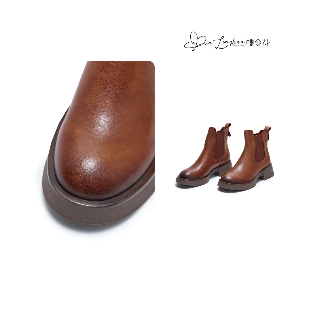 蝶令花时尚百搭复古真皮休闲粗跟厚底棕色英伦风切尔西靴21039
