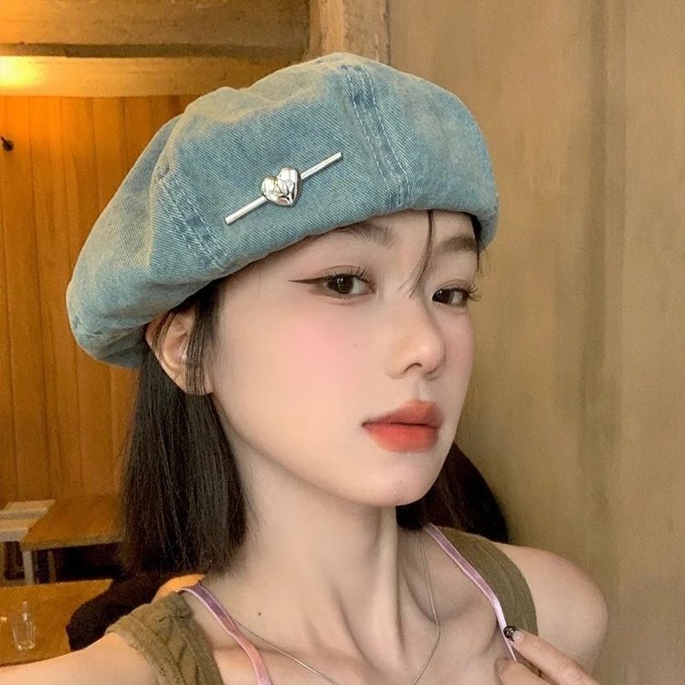 爱心蓝色水洗牛仔贝雷帽女报童帽透气八角画家帽大头围显脸小帽子