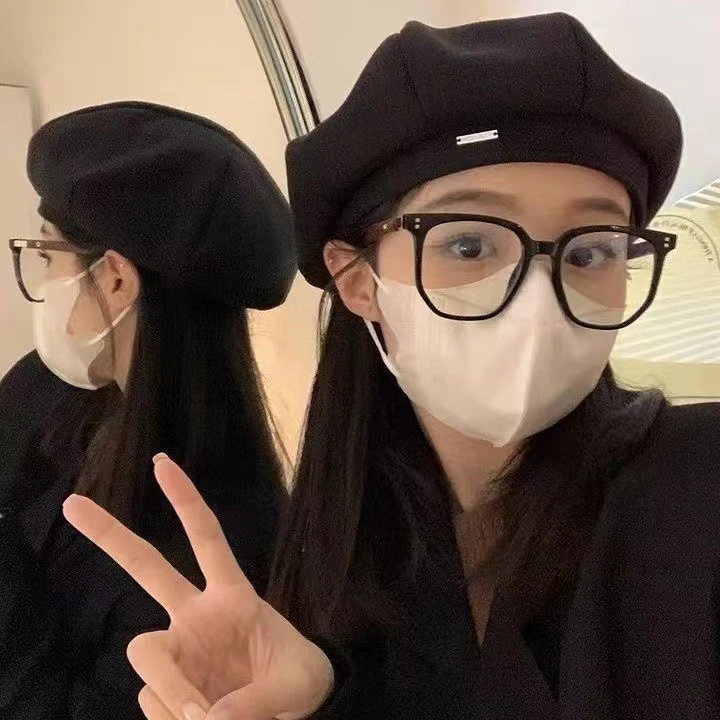 黑色贝雷帽女款2025秋冬新款百搭时尚大头围显脸小八角帽画家帽子