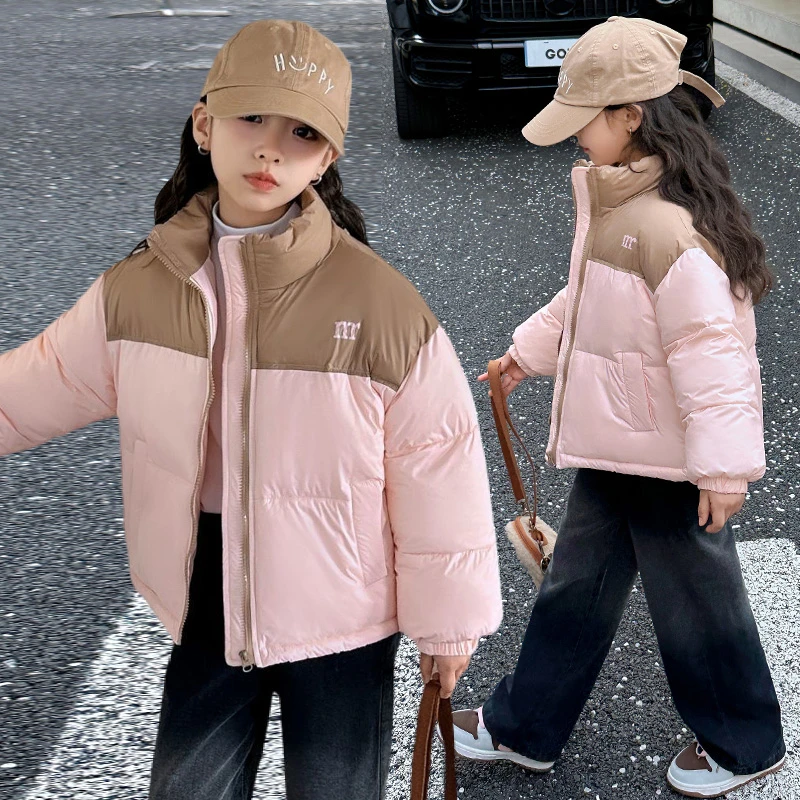 女童加厚棉服2023冬季新款中大童儿童时尚拼色面包服韩版保暖外套