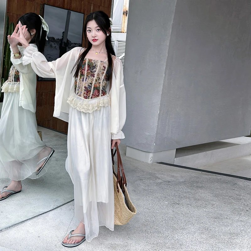 女童2025法式夏季复古油画碎花吊带背心防晒衫半身长裙气质三件套