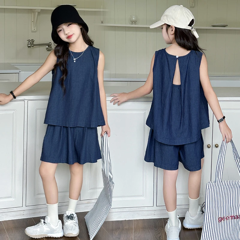 女童夏季薄款时髦牛仔套装6-12岁15岁中大儿童时尚洋气休闲两件套