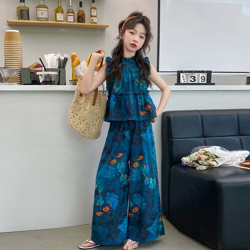 女童夏季时尚小飞袖阔腿裤套装中大童女孩时尚洋气百搭网红两件套