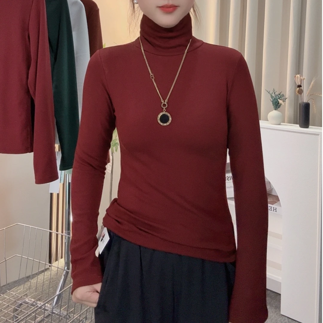 【精品双面绒】堆堆领纯色保暖打底衫长袖高领t恤修身秋冬针织显瘦