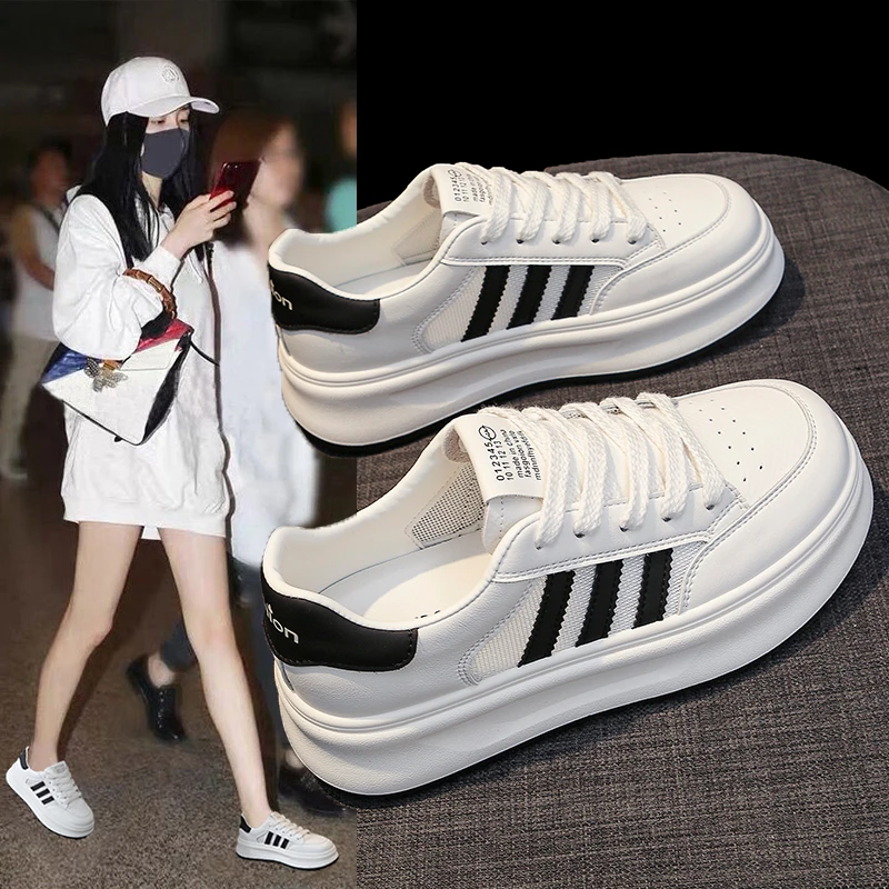 【厚底网面】【5厘米】2025夏季爆款平底三条皮面厚底小白鞋5厘米软底