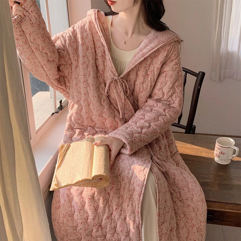 网红同款睡袍女冬季三层夹棉袄加绒加厚保暖冬天可外穿小碎花棉服