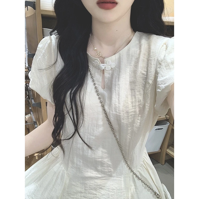 新中式国风盘扣连衣裙女夏高级感复古气质收腰仙女温柔风初恋长裙